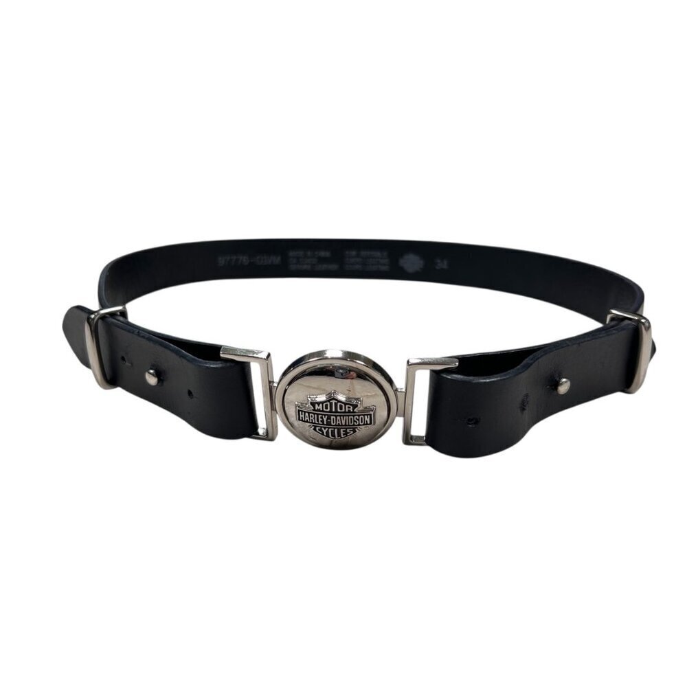 Vtg Harley Davidson 34 Women Black Leather Belt Silver Logo Buckle Unique